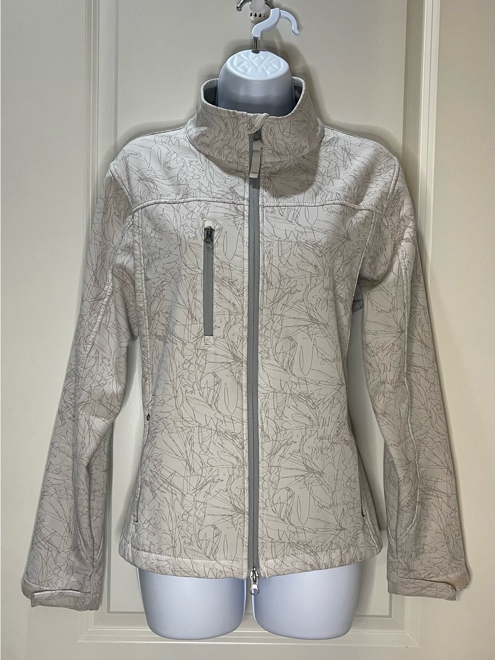 Women's Cream & Gray Printed Utility Full Zip Jacket Softshell Fleece Lined M